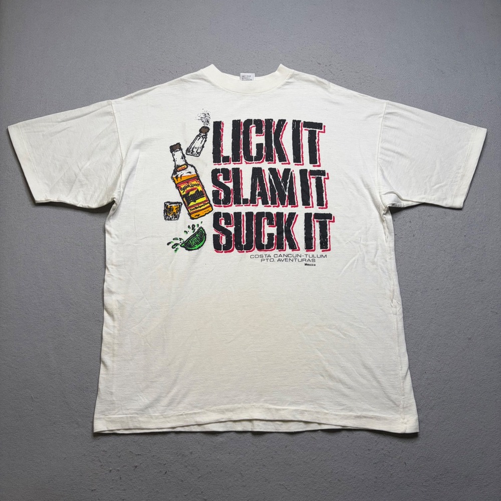 Vintage Graphic T Shirt Mens XL White Lick It Slam It Mexico 90s Souvenir Tee
